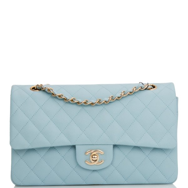 Medium Classic Double Flap Bag Blue Quilted Caviar Light Gold Hardware