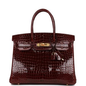 HE&&ME Birkin 30 Bordeaux Shiny Porosus Crocodile Gold Hardware