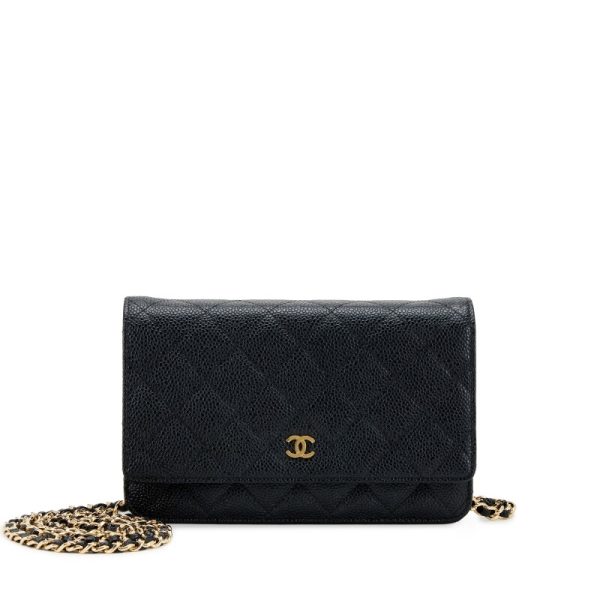 Black Quilted Caviar Wallet on Chain Gold Hardware